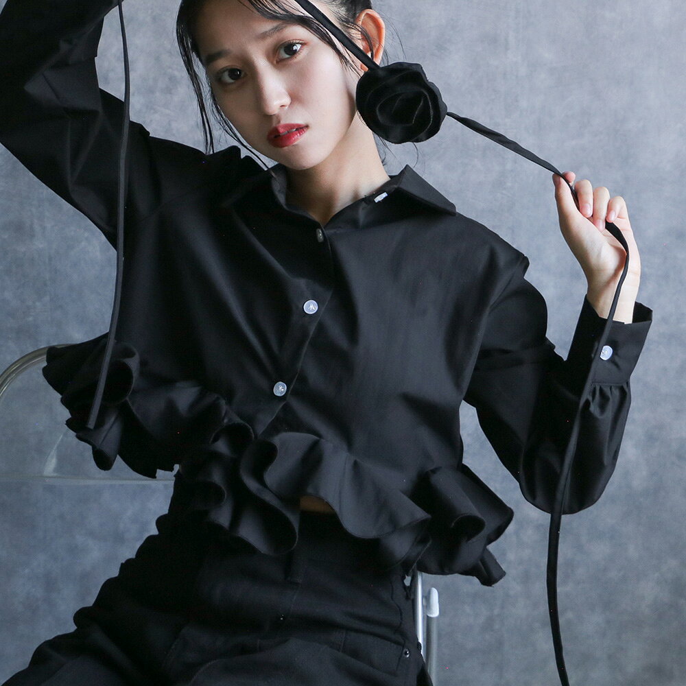 any day エニーデイ シャツ フリルシャツ ブラウス ショート丈 長袖 ローズ チョーカーネックレス付き ローズフリルシャツ チョーカネックレス レディース バラ コサージュ トップス カジュアル シンプル 黒 送料無料