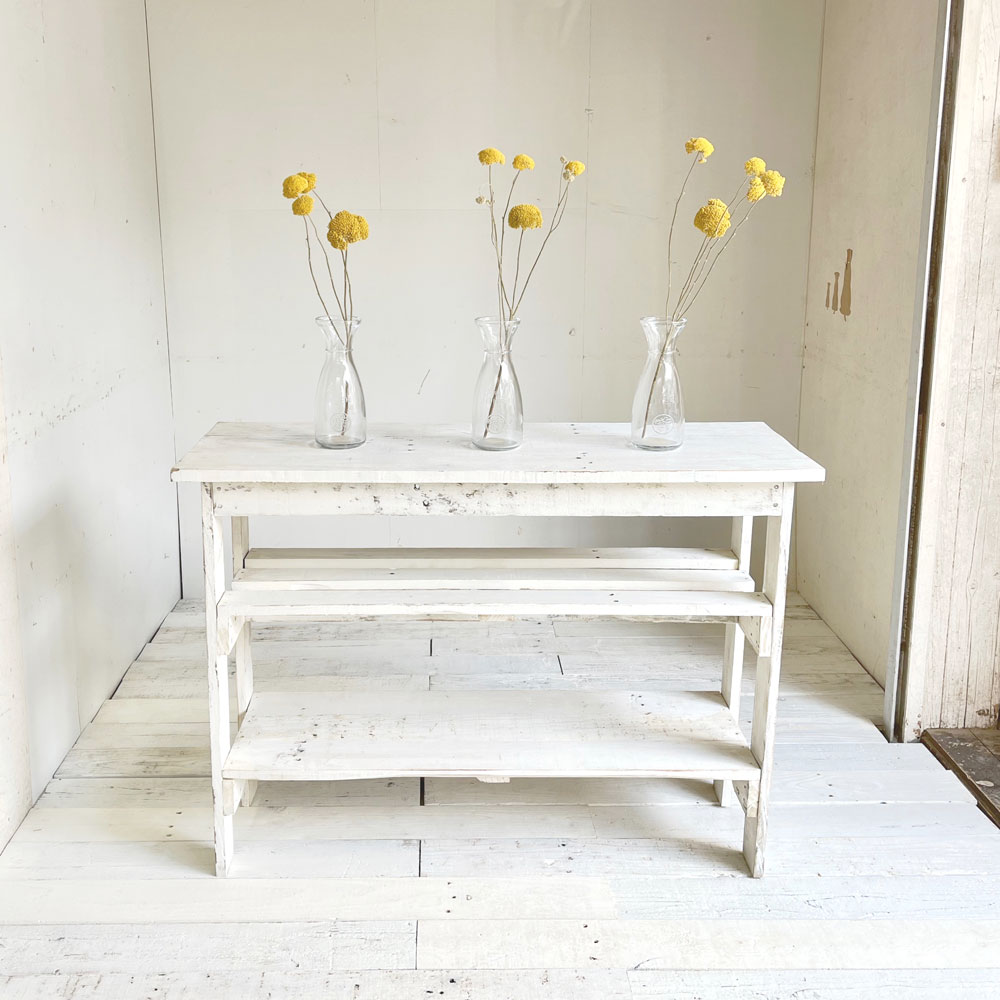 ＼スーパーセール限定 10%OFF／ コンソールテーブル 棚2段 ホワイト コンソール 木製 棚 テーブル キッチン収納 リビングシェルフ ラック 収納棚 整理棚 天然木 無垢 アンティーク風 テーブル 白 西海岸風 リサイクルウッド ハンドメイド 家具 サイズオーダーのサムネイル