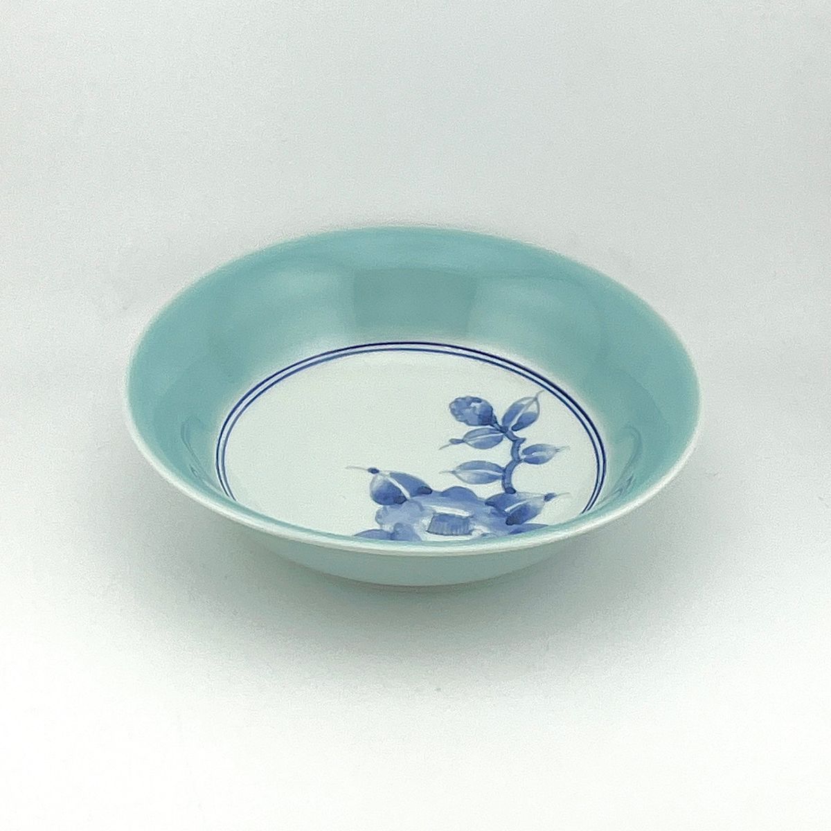 伊万里焼　文三窯 椿絵深皿 青磁 大人