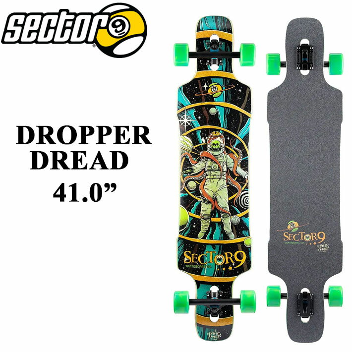 メーカー希望小売価格はメーカーカタログに基づいて掲載していますSECTOR9 セクターナイン サーフスケート 日本正規販売店 創業：1993年 創業者：スティーブ・レイクを中心とした4人の仲間たち アメリカのカルフォルニア州で生まれ、現在ではサンディエゴに拠点を構える サーファーによって、サーファーの為につくられたスケートボードブランド 現在世界57か国で愛されています DROPPER DREAD 【FREERIDE RIDING STYLE】 FREERIDEは、スライディング、フラットグラウンドトリック、ローからミディアムスピードのカービングに最適です。 ストリートにホイールの痕跡をたくさん残したいなら、フリーライドシリーズのボードをオススメします。 DIMENSIONS - Length: 41.0” - Width: 9.75” - Wheelbase: 29.0” TRUCK - Reverse Kingpin COMPONENTS 10.0” Gullwing Charger Trucks - 70mm 78a Nineballs FEATURES Opaque 2 Color Swirl Nineballs - Printed Grip - All Black Tracks - Artwork by Pedoro Correa ご注意ください！ ※海外生産品の為、デッキ及びウイールに多少の傷や汚れ、塗装の剥がれ、塗装のよれ、気泡等がある場合が御座いますが、ご使用には問題無い為、メーカー検品済で良品扱いです。初期不良には該当致しません。 ※入荷時期によりウィールのカラーが異なる場合があります。 ※メーカー画像仕様の為、モニター環境等により多少色味の違いがある場合が御座います。予めご了承ください。 ※イメージとしてAI生成画像を使用しております。ご注意ください。