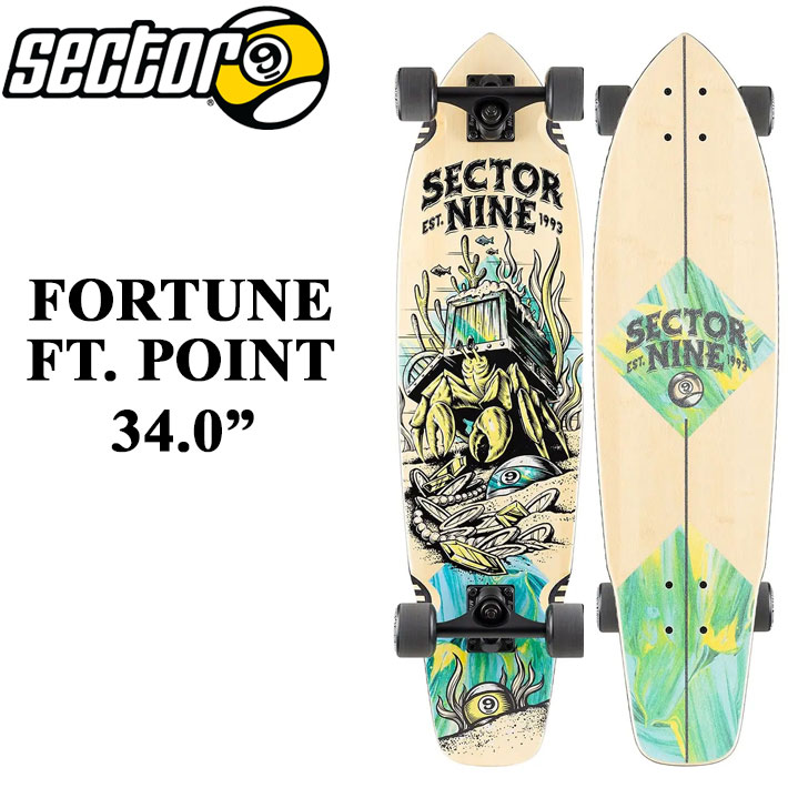 メーカー希望小売価格はメーカーカタログに基づいて掲載していますSECTOR9 セクターナイン サーフスケート 日本正規販売店 創業：1993年 創業者：スティーブ・レイクを中心とした4人の仲間たち アメリカのカルフォルニア州で生まれ、現在ではサンディエゴに拠点を構える サーファーによって、サーファーの為につくられたスケートボードブランド 現在世界57か国で愛されています FORTUNE FT. POINT BAMBOO SERIESのFORTUNE FT. POINTは、バンブーとメープルの複合板デッキを採用しています。 8.375インチGullwingミッショントラック、61mm 78a 9ballsホイール、ABEC 5 グリースボールベアリング、1.25インチ硬化スチールボルト、クリアグリップが付属します。 【CRUISER RIDING STYLE】 SECTOR 9のほとんどのスケートボードはクルージングが可能ですが、クルーザーと指定されたボードは、より方向性のあるシェイプで、ウィールはソフトなものが一般的です。 クルーザーカテゴリーのほとんどは通常のショートボードのテンプレートから作られており、スケートパークやストリートで滑ることができます。 DIMENSIONS - Length: 34.0” - Width: 8.75” - Wheelbase: 21.0” COMPONENTS - 8.375” Gullwing Mission Trucks - 61mm 78a Nineballs - ABEC 5 Greaseball Bearings - 0.25” Recycled Plastic Risers - 1.25” Hardened Steel Bolts - Clear Grip FEATURES - NEW Bamboo & Maple Hybrid - Vertically Laminated Bamboo & Maple Core - Kicktail - Art by Lincoln Design Co. ご注意ください！ ※海外生産品の為、デッキ及びウイールに多少の傷や汚れ、塗装の剥がれ、塗装のよれ、気泡等がある場合が御座いますが、ご使用には問題無い為、メーカー検品済で良品扱いです。初期不良には該当致しません。 ※入荷時期によりウィールのカラーが異なる場合があります。 ※メーカー画像仕様の為、モニター環境等により多少色味の違いがある場合が御座います。予めご了承ください。 ※イメージとしてAI生成画像を使用しております。ご注意ください。