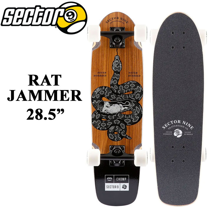 メーカー希望小売価格はメーカーカタログに基づいて掲載していますSECTOR9 セクターナイン サーフスケート 日本正規販売店 創業：1993年 創業者：スティーブ・レイクを中心とした4人の仲間たち アメリカのカルフォルニア州で生まれ、現在ではサンディエゴに拠点を構える サーファーによって、サーファーの為につくられたスケートボードブランド 現在世界57か国で愛されています RAT JAMMER Chomp BrandとのコラボレーションでうまれたRAT JAMMERは、7層の積層メープル板のデッキに、チークウッドのベニヤを使ったボトムにデザインが浮き立つ特殊な印刷方法でアートワークを際立たせています。 このクルーザーは、8.375"Gullwingミッショントラック、61mm 78a 9ballsホイール、ABEC 5 Greaseballベアリング、1.25"スチールボルトとERGグリップテープが付属しています。 【CRUISER RIDING STYLE】 SECTOR 9のほとんどのスケートボードはクルージングが可能ですが、クルーザーと指定されたボードは、より方向性のあるシェイプで、ウィールはソフトなものが一般的です。 クルーザーカテゴリーのほとんどは通常のショートボードのテンプレートから作られており、スケートパークやストリートで滑ることができます。 DIMENSIONS - Length: 28.5” - Width: 7.875” - Wheelbase: 14.75” COMPONENTS - 8.375” Gullwing Mission Trucks - 61mm 78a Nineballs - ABEC 5 Greaseball Bearings - 0.25” Recycled Plastic Risers - 1.25” Hardened Steel Bolts - ERG Grip Tape FEATURES - 7 Ply Maple - Teak Wood Bottom Veneer - Raised Pattern Underprint - Kicktail - Collaboration with Chomp Brand ご注意ください！ ※海外生産品の為、デッキ及びウイールに多少の傷や汚れ、塗装の剥がれ、塗装のよれ、気泡等がある場合が御座いますが、ご使用には問題無い為、メーカー検品済で良品扱いです。初期不良には該当致しません。 ※入荷時期によりウィールのカラーが異なる場合があります。 ※メーカー画像仕様の為、モニター環境等により多少色味の違いがある場合が御座います。予めご了承ください。 ※イメージとしてAI生成画像を使用しております。ご注意ください。