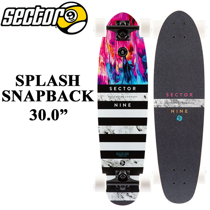 メーカー希望小売価格はメーカーカタログに基づいて掲載していますSECTOR9 セクターナイン サーフスケート 日本正規販売店 創業：1993年 創業者：スティーブ・レイクを中心とした4人の仲間たち アメリカのカルフォルニア州で生まれ、現在ではサンディエゴに拠点を構える サーファーによって、サーファーの為につくられたスケートボードブランド 現在世界57か国で愛されています SPLASH SNAPBACK SPLASH SNAPBACKは、ファイバーグラスとメープルを積層したデッキに、フラットでマットなアートワークをボトムに施しています。 8.375"Gullwing ミッショントラック、70mm 78a 9ballsホイール、ABEC 5 Greaseballベアリング、1.25"スチールボルトとERGグリップテープが付属しています。 クルーザータイプのモデルとなりますが他のクルーザーモデルと比較してウィールベースが広いため安定感を維持しファイバーグラスと層の少ないメープル素材により心地良いしなりとターンのレスポンスの良さを兼ね備えています。 【CRUISER RIDING STYLE】 SECTOR 9のほとんどのスケートボードはクルージングが可能ですが、クルーザーと指定されたボードは、より方向性のあるシェイプで、ウィールはソフトなものが一般的です。 クルーザーカテゴリーのほとんどは通常のショートボードのテンプレートから作られており、スケートパークやストリートで滑ることができます。 DIMENSIONS - Length: 30.0” - Width: 8.0” - Wheelbase: 20.625” COMPONENTS - 8.375” Gullwing Mission Trucks - 70mm 78a Nineballs - ABEC 5 Greaseball Bearings - 0.25” Recycled Plastic Risers - 1.25” Hardened Steel Bolts - ERG Grip Tape FEATURES - Fiberglass Maple Sandwich - Camber Mold - Flat Matte Bottom Artwork - Slight Kicktail ご注意ください！ ※海外生産品の為、デッキ及びウイールに多少の傷や汚れ、塗装の剥がれ、塗装のよれ、気泡等がある場合が御座いますが、ご使用には問題無い為、メーカー検品済で良品扱いです。初期不良には該当致しません。 ※入荷時期によりウィールのカラーが異なる場合があります。 ※メーカー画像仕様の為、モニター環境等により多少色味の違いがある場合が御座います。予めご了承ください。 ※イメージとしてAI生成画像を使用しております。ご注意ください。