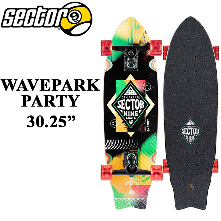 メーカー希望小売価格はメーカーカタログに基づいて掲載していますSECTOR9 セクターナイン サーフスケート 日本正規販売店 創業：1993年 創業者：スティーブ・レイクを中心とした4人の仲間たち アメリカのカルフォルニア州で生まれ、現在ではサンディエゴに拠点を構える サーファーによって、サーファーの為につくられたスケートボードブランド 現在世界57か国で愛されています WAVEPARK PARTY デザイナー、ジョシュ・スミスによるWAVEPARK PARTYのアートは、鮮やかなグラフィックとシンプルなカラーパレットで、スケートボードをより楽しいものにします。 ボトムには、隠れたパーティーのような生き生きとしたパターンが描かれています。 Revel Collectionのデッキには、Hopper、Wavepark、そしてLedgerの形状があり、ビーチでのスケートに最適です。 このデッキは、環境に配慮したSuper Sap?を使用しています。 この持続可能なエントロピー樹脂は、ボードの性能を損なうことなく、環境への影響を低減します。 効率的な製造プロセスにより、樹脂と硬化剤のエネルギーを節約し、製造時の有害な副産物や温室効果ガスの排出を最小限に抑えます。 【SURF RIDING STYLE】 SECTOR 9のSURFスタイルは、サーフィンの感覚に最も近いスケートボーディングを楽しめるライディングシリーズです。 陸上でのサーフィントレーニングはもちろんサーフィンの感覚を掴むならSURFスタイルがオススメです。 DIMENSIONS - Length: 30.25” - Width: 8.75” - Wheelbase: 12.875” TRUCK - Sidewinder COMPONENTS - 9.0” Gullwing Sidewinder II Trucks - 58mm 78a Nineballs - ABEC 5 Greaseball Bearings - 0.25” Recycled Plastic Risers - 1.25” Hardened Steel Bolts - Custom Screened Grip Tape FEATURES - Super Sap? Environmentally Friendly Resin - 7 Ply Maple - Raised Texture Print Under Bottom Graphic - Printed Grip Tape - Kicktail - Art by Josh Smith ご注意ください！ ※海外生産品の為、デッキ及びウイールに多少の傷や汚れ、塗装の剥がれ、塗装のよれ、気泡等がある場合が御座いますが、ご使用には問題無い為、メーカー検品済で良品扱いです。初期不良には該当致しません。 ※入荷時期によりウィールのカラーが異なる場合があります。 ※メーカー画像仕様の為、モニター環境等により多少色味の違いがある場合が御座います。予めご了承ください。 ※イメージとしてAI生成画像を使用しております。ご注意ください。