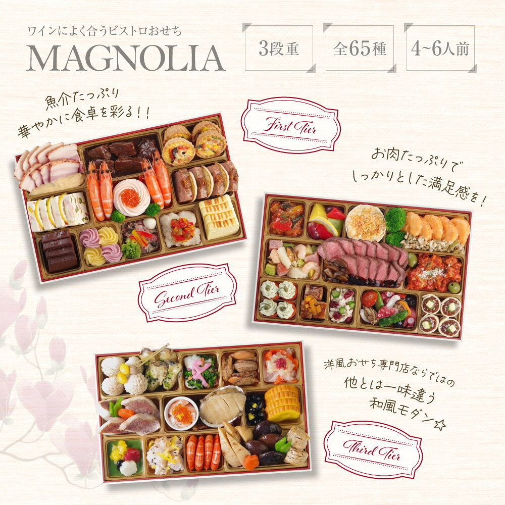 【エントリーでポイント10倍!】おせち 早割 2027 洋風 +和風 創作 ビストロおせち 3段重 「マグノリア」 4～6人前 お節 御節 予約 通販 肉 オードブル おせち セット 正月 お取り寄せ 肉 冷凍 送料無料 (3)