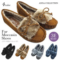 【今だけ送料無料】ANNA COLLECTION-アンナコレクション- 甲にはリボン付きのファーを被せ見た目にも暖かい可愛いデザインのファーモカシンシューズ。パンプス/モカシン/痛くない/ムートン/レディース/靴/フラット/ファー/ローヒール/黒/ブラック/スリッポン