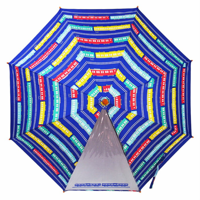 傘 キッズ 子供用 45cm 男の子 [トレイン柄] 安全手開き傘 透明窓付 グラスファイバー 紺 水色