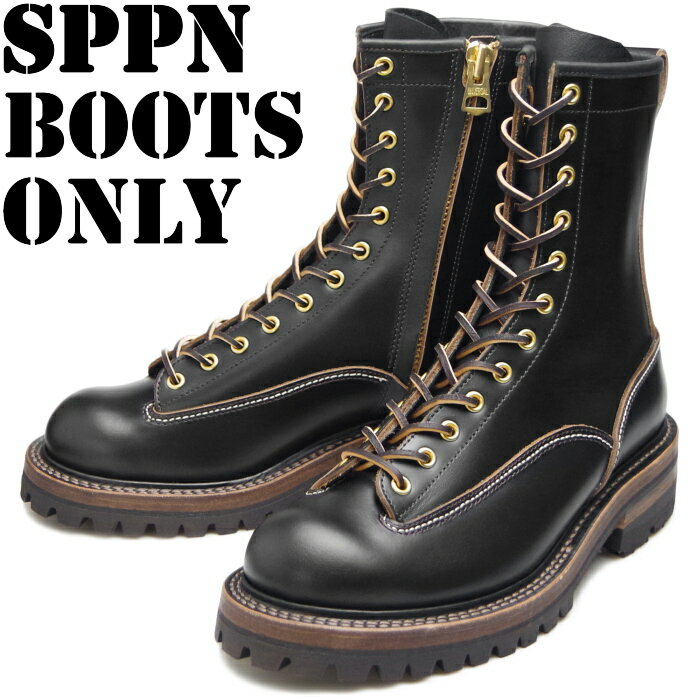 SPPN BOOTS スッピン SP-08L ブラック 8-INCH LACE TO TOE BOOTS 8インチ レーストゥトゥブーツ ワークブーツ 本革 メンズ ラインマンブーツ レースアップ 茶芯 ヴィンテージ アウトドア キャンプ 日本製 2023秋冬新作 送料無料