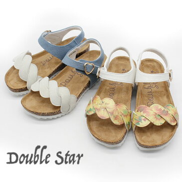 サンダル キッズ 子供 靴 白 ブルー ホワイト ベルクロ ウェッジ クッション デニム 夏 ダブル スター DOUBLE STAR 3844