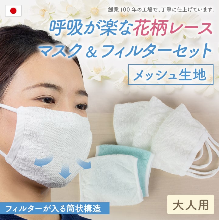 【1点までメール便（ヤマト運輸）対象】【日本製】送料無料 エアーメッシュマスク 花柄レース（ホワイト） 3枚+フィルター2枚セット レディース 苦しくない 通気性 涼しい 速乾 布マスク 大人 女性　おしゃれ イイダ靴下 (代引不可)[M便 1/1]