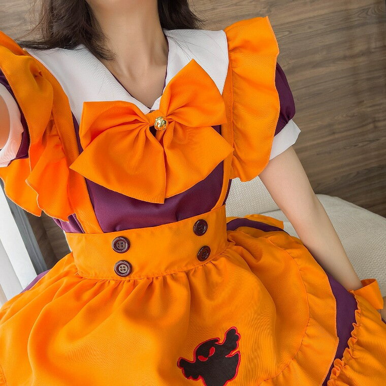 コスプレ ハロウィン コスチューム ロリータ メイド メイド服 仮装 衣装 レディース ワンピース ミドル丈 ワンピ ロングワンピ 膝下丈 大きいサイズ ハロウィンコスプレ コスプレ衣装 セット カチューシャ 学園祭 ゴスロリ かわいい オレンジ