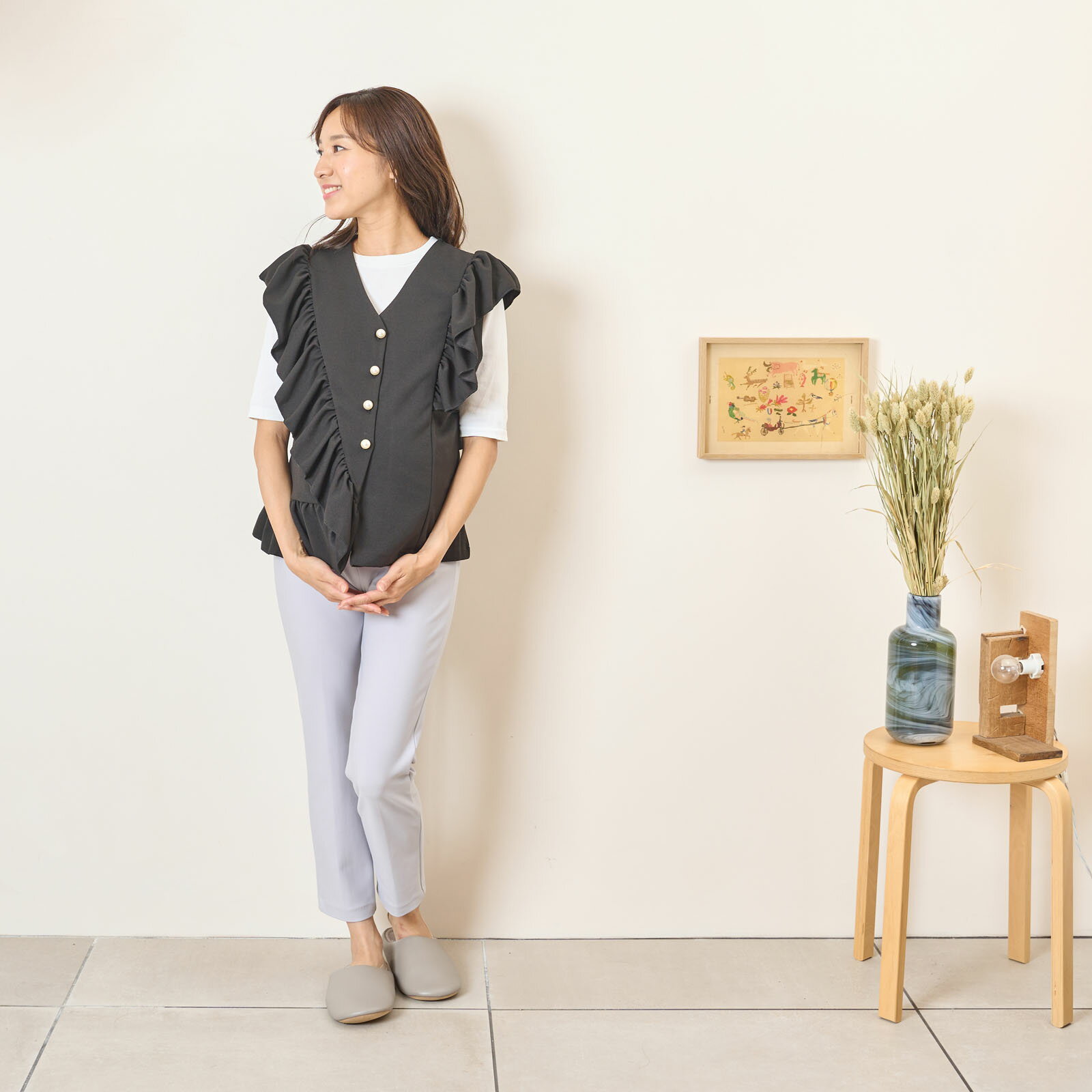 Rakuten - [for mom]パールボタン デザインフリル ショートベスト レディース 産前産後 ママ 妊婦 春 夏 秋 冬 20代 30代 40代 OL [83518]
