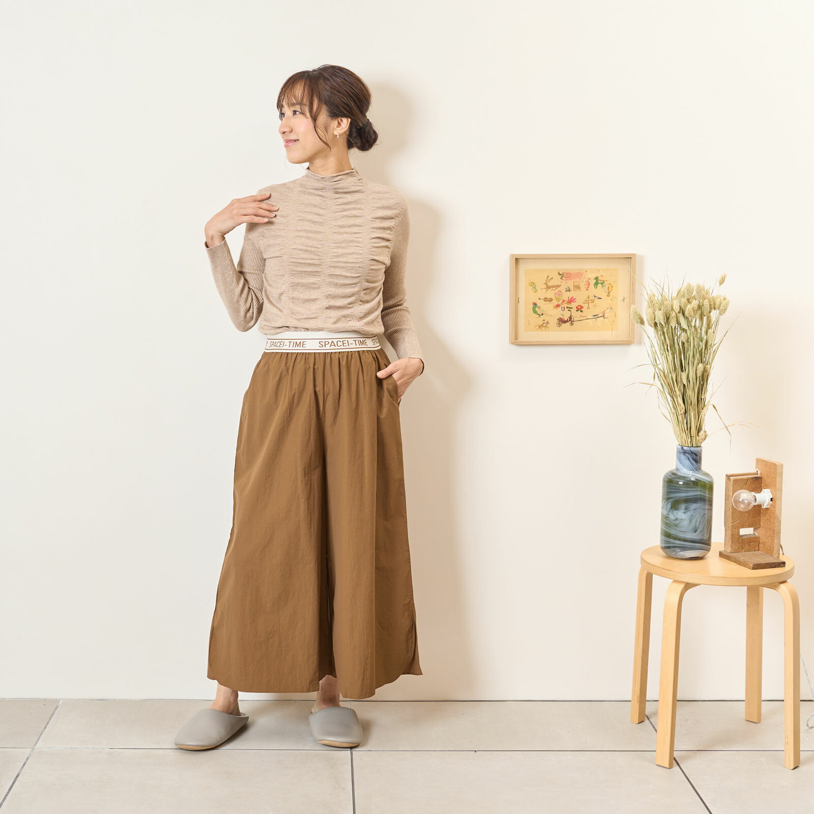[for mom]ウエストゴム　ナイロンワイドパンツ レディース 産前産後 ママ 妊婦 春 夏 秋 冬 20代 30代 40代 OL [MS-0014]