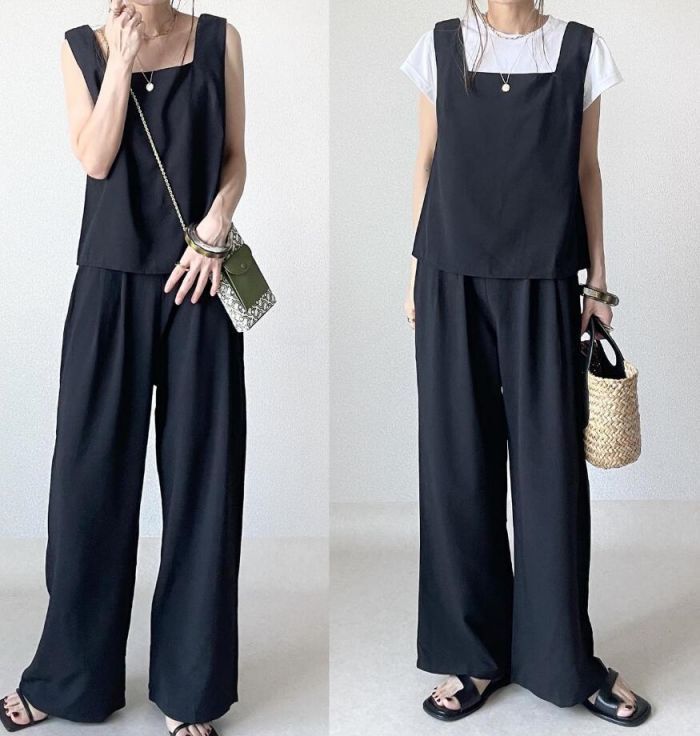レディース セットアップ ベスト ワイドパンツ 2点セット トップス ノースリーブ tシャツ ロングパンツ 上下セット ガウチョパンツ プルオーバー パンツスーツ ズボン パンツドレス カットソー 袖なし カジュアル 夏 スクエアネック