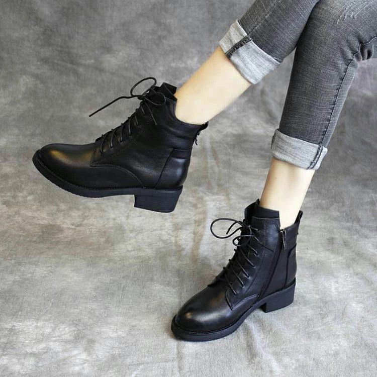 本革 ショートブーツ レディースシューズ ローヒール レースアップ 美脚 歩きやすい 秋冬新作 裏起毛 靴 カジュアルシューズ