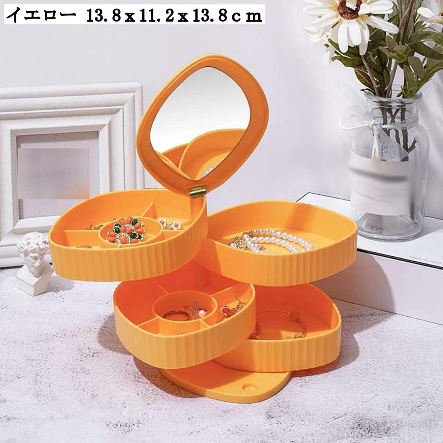 ジュエリー収納 ミラー付き ペン立て 360度回転 回転 机上収納 ボックス 収納ケース レディース 小物収納 アクセサリー入れ 防錆 密閉 北欧風 可愛い