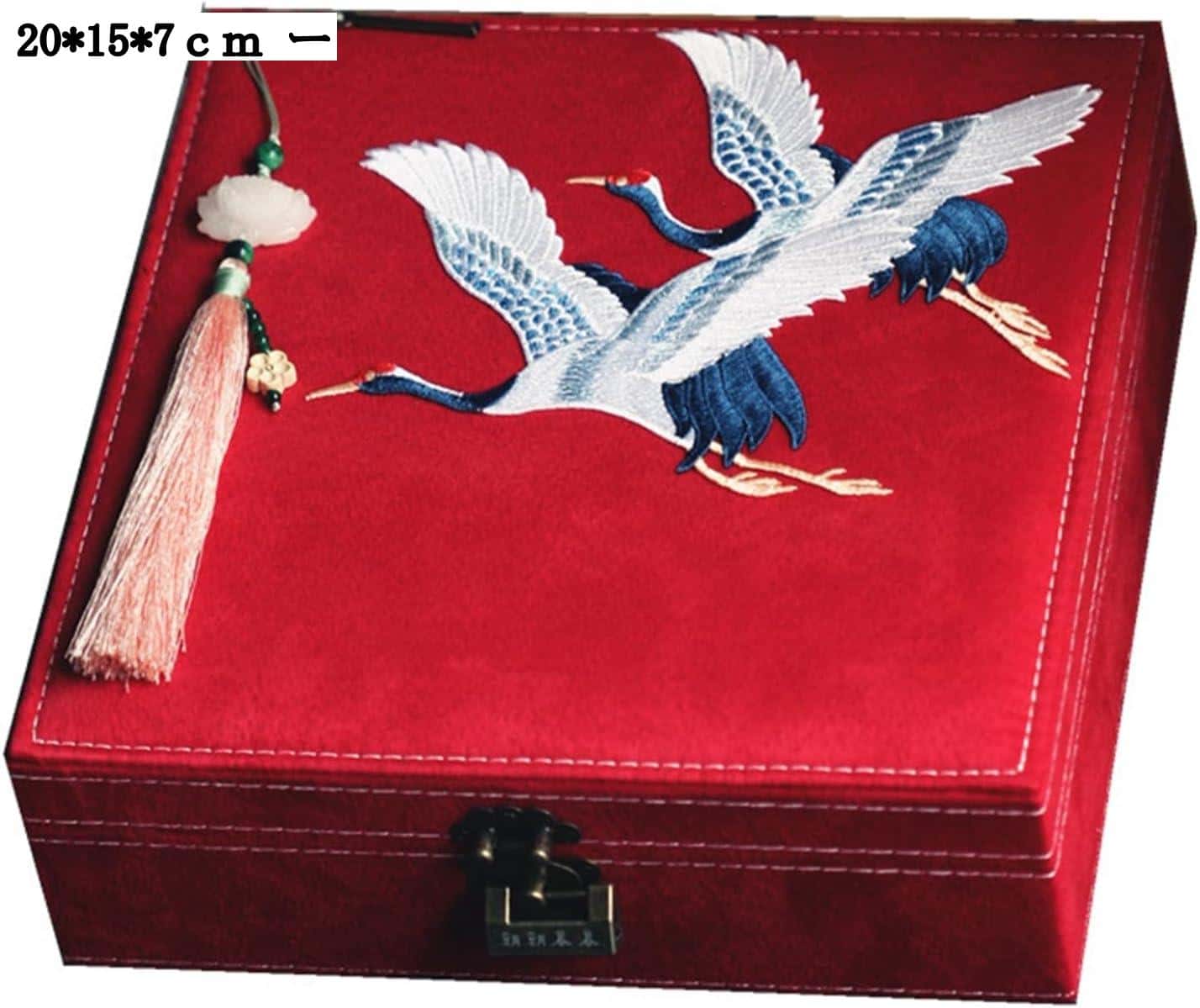 鶴柄 ベロア調刺繍 ジュエリーケース アンティーク アクセサリー収納 レディース 大容量 宝石箱 シェルフアクセサリー 防湿 耐久性 ジュエリーボックス