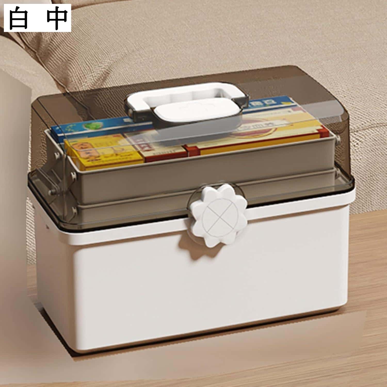 取っ手付き透明蓋 薬箱 3層折り畳み式 救急箱 応急ボックス ピルボックス 携帯用常備薬 絆創膏 包帯 体..