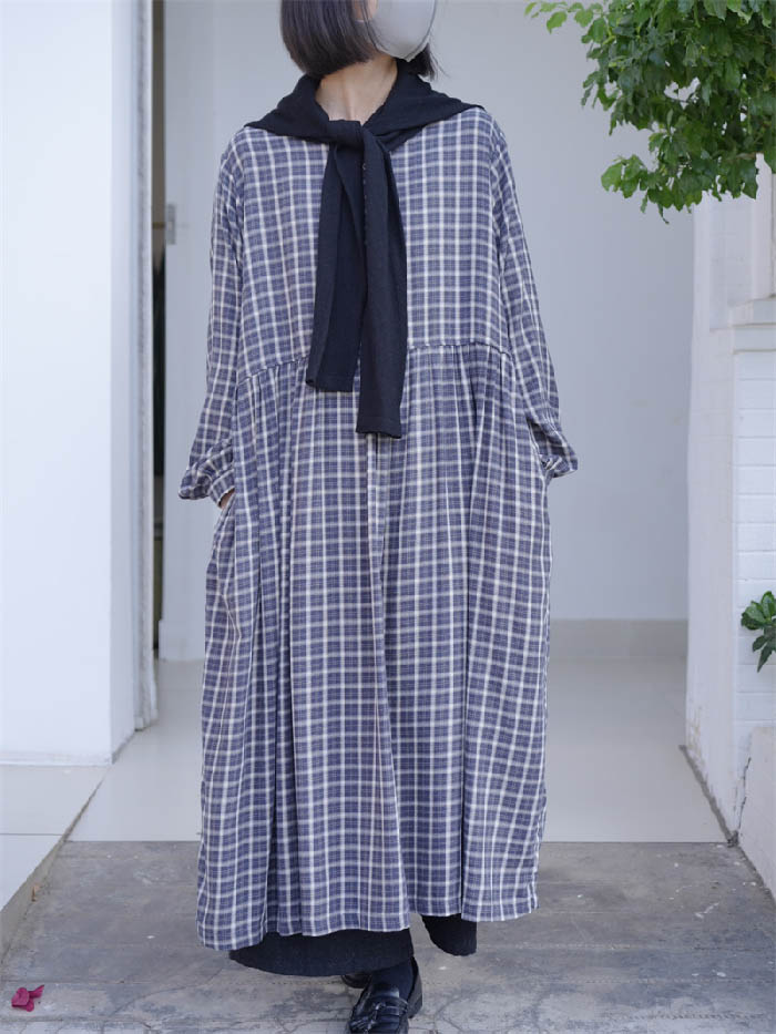 ワンピース 綿麻 チェック柄 長袖 シャツワンピース ノーカラー チェック柄 長袖 大きいサイズ 秋 春 リネン コットン チュニック チェック柄 長袖 ロング丈 綿麻混 大きいサイズ 体型カバー 着痩せ ナチュラル シンプル カジュアル ゆったり 着回し 森ガール