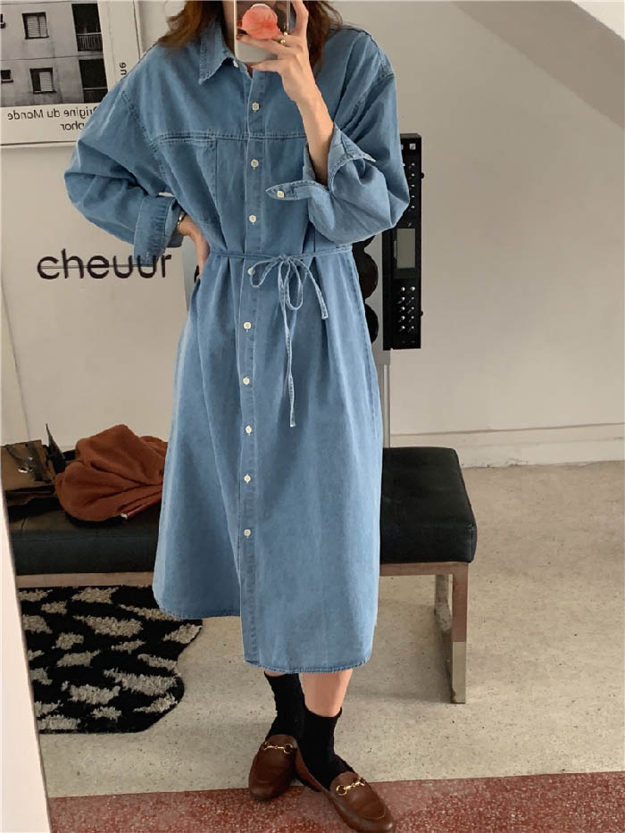 シャツワンピース 春 秋 長袖 デニムワンピース 羽織り ロング丈 レディース 春 チュニック ワンピース ロング丈シャツ 体型カバー デニム ワンピース シャツ ゆったり 大きいサイズ きれいめ シンプル カジュアル 2way