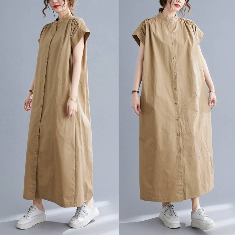 シャツワンピース 春 夏 レディース ロングワンピース フレンチスリーブ 立ち襟 ポケット付き ワンピース 後ろキャザー 前開き 無地 フレアワンピース 羽織り Aライン ゆったり 体型カバー オシャレ ロングシャツワンピ シンプル カジュアル オフィス 通勤