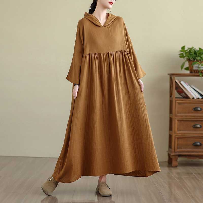 綿麻風ワンピース 長袖ワンピース レディース フード付き ウエストギャザー ロングワンピース マキシワンピース 無地 綿麻風 ワンピ ゆったり 体型カバー レトロ 着?せ 可愛い 森ガール カジュアル シンプル 20代 30代 40代 50代