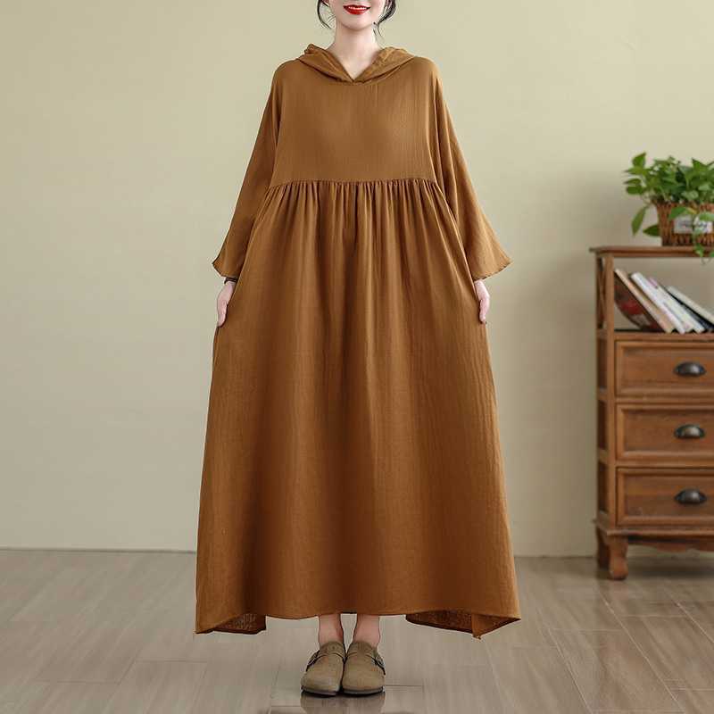 綿麻風ワンピース 長袖ワンピース レディース フード付き ウエストギャザー ロングワンピース マキシワンピース 無地 綿麻風 ワンピ ゆったり 体型カバー レトロ 着?せ 可愛い 森ガール カジュアル シンプル 20代 30代 40代 50代