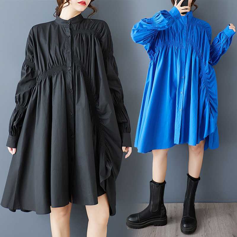 シャツワンピース レディース 長袖 ワンピース チュニック アシンメトリー シャツ ギャザー 個性的 ユニーク パフスリーブ ワンピース 不規則裾 膝丈 前開き カジュアル キレイめ 大人可愛い おしゃれ 上品 無地 体型カバー 個性派 アシメ