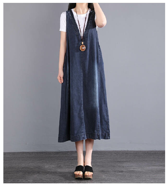 ジャンパースカート デニム ワンピース 夏 vネック きれいめ レディース 膝下丈 薄手 大人 ノースリーブ マキシ丈 重ね着 レイヤード ロング 楽ちん ゆったり カジュアル お洒落 プルオーバー 体型カバー リラックス 30代 40代 50代 60代