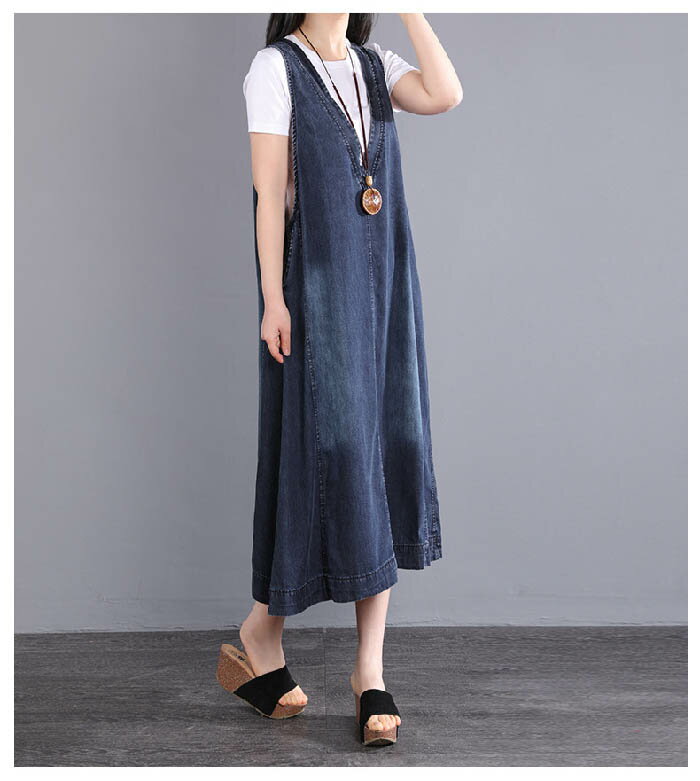 ジャンパースカート デニム ワンピース 夏 vネック きれいめ レディース 膝下丈 薄手 大人 ノースリーブ マキシ丈 重ね着 レイヤード ロング 楽ちん ゆったり カジュアル お洒落 プルオーバー 体型カバー リラックス 30代 40代 50代 60代