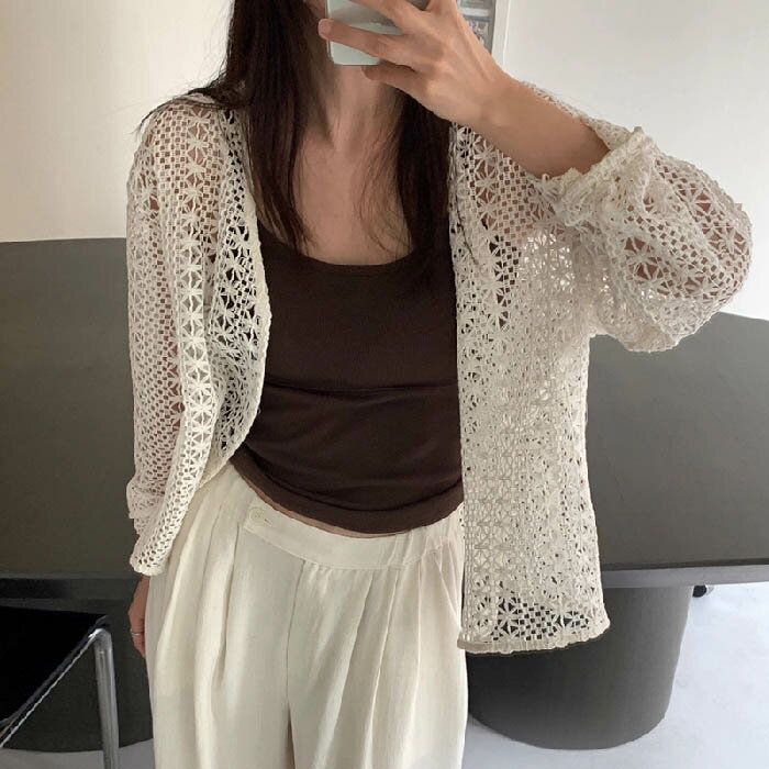 カーディガン サマーニット レディース 春 夏 秋 透かし彫り カーディガン さっと羽織れる ゆったり フェミニン 着回し 透け感 羽織り 高見え シェルボタン Vネック 長袖 薄手 カジュアル 体型カバー 細見え 無地 着回し リゾート ビーチ