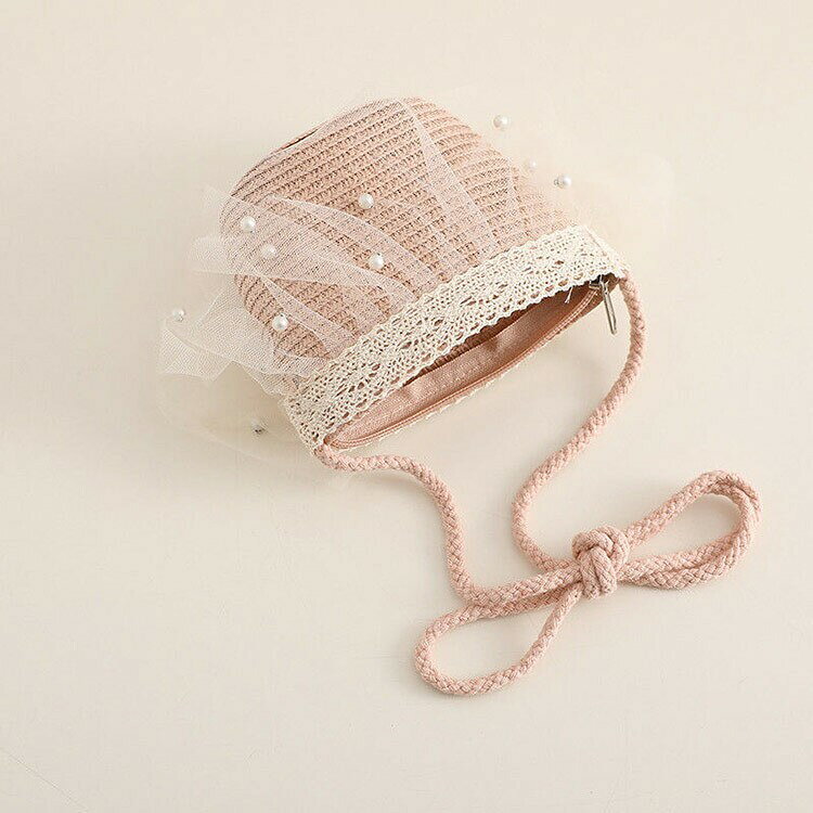麦わら帽子キッズポシェット付き2点セットつば広ストローハットゴム付き女の子女児...
