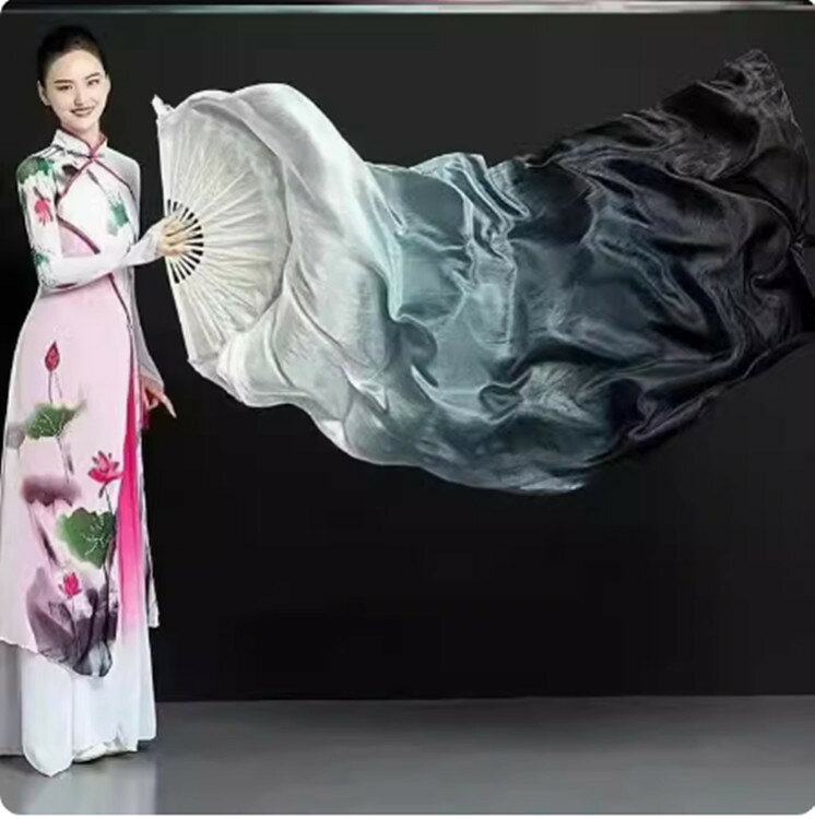 中国風 ダンス扇子 白黒 グラデーション 墨 アート 長綢扇 舞踊 小物 衣装 舞台 パ...