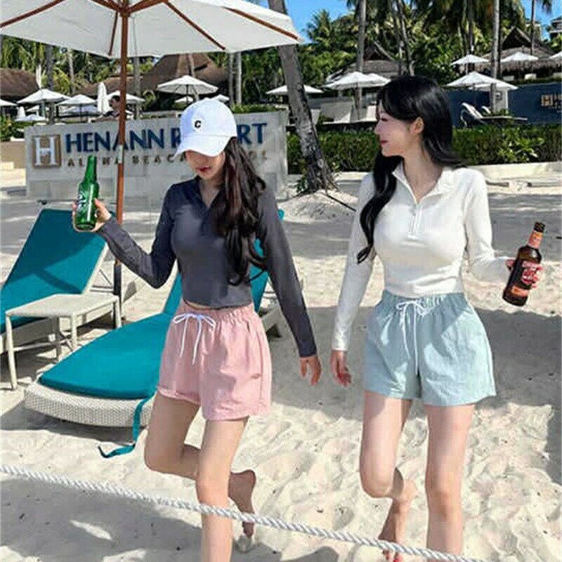 水着 レディース セパレート セット水着 3点セット 婦人 オトナ女子 海水浴 プール ビーチ マリンスポーツ スパ水着 スポーツ水着 長袖 ビキニパンツ ショートパンツ 露出控えめ 日焼け対策 普段着のような ハーフジッパー ラフ スポーツウェア風