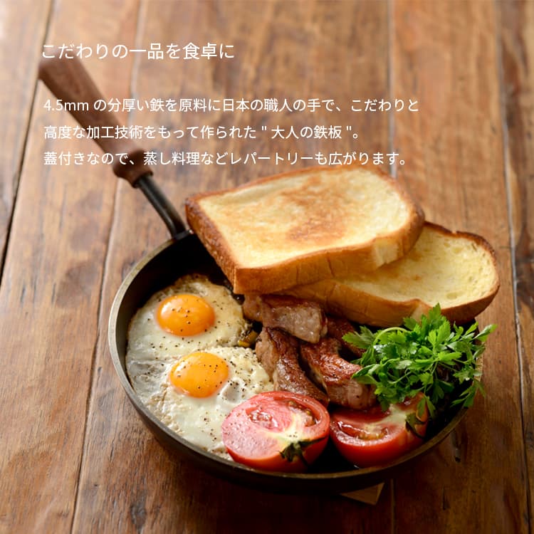 大人の鉄板 フライパン26cm 蓋付き OTS8102 鉄フライパン 日本製 鉄製 フライパン ガス IH ステーキ用 肉料理 極厚 鉄板 鉄板料理 フタ付き 国産 新潟 キャンプ 鉄鍋 オークス AUX 送料無料 贈り物 ギフト ラッピング foranew-10003093 フォーアニュ サンプル画像2