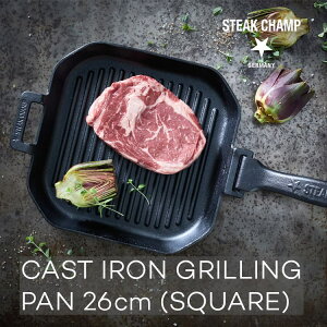 STEAK CHAMP CAST IRON GRILLING PAN 26cm (SQUARE) 34-2000-02 ステーキチャンプ グリルパン アイアン 鉄製 フライパン 波型 直火 焚き火 ガスコンロ IH オーブン ストーブ グリル