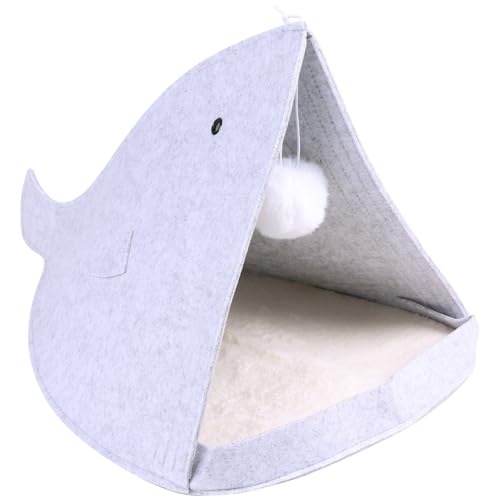 【送料無料】CAWKAY 猫ハウス サメ小屋 折りたたみ ペットハウス 猫寝袋 ドーム型 猫じゃらし付き クッ..