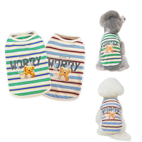 【送料無料】AmzBarley 犬 服 シャツ 春 ストライプ くま柄プリント 綿製 袖なし 犬 服 小型犬 春夏 タ..