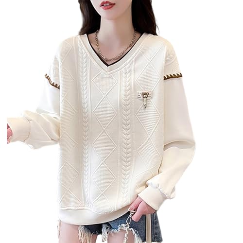 【送料無料】[Tiernyueth] レディース トレーナー Vネック オーバーサイズ 長袖トップス 無地 logo刺繍..