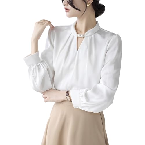 【送料無料】[SYitong] シャツ ブラウス レディース 立ち襟 長袖フロントタック おしゃれ 洗える パール きれいめ白いブラウス ゆったり 体型カバーオフィスカジュアル エレガントトップス 通勤 春 秋