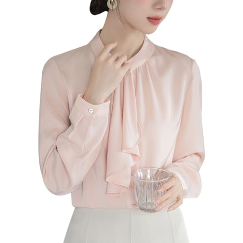 【送料無料】[SYitong] ブラウス レディース 長袖 無地 おしゃれ 洗える 襟なし ホワイト ピンク カットソー裏地付 ビジネス オフィス 可愛 人気 デート お出掛け 通勤 入園 卒業式 ビジネス 着痩せ シフォン トップス 優雅 春 秋