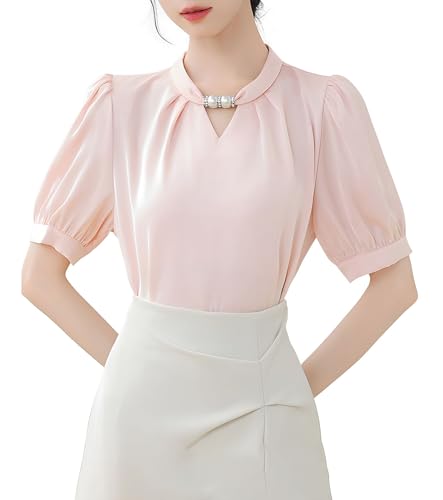 【送料無料】[SYitong] シャツ ブラウスレディース 半袖 立ち襟 フロントタック おしゃれ 洗える パール きれいめ白いブラウス ゆったり サラサラサテン生地 体型カバーオフィスカジュアル エレガントトップス セレモニー 通勤 夏