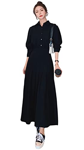 【送料無料】[Chubikime] ロングワンピース レディース シャツワンピース 秋 春 ミモレ 長袖 無地 プリーツ ワンピース Aライン 着痩せ リボン おしゃれ