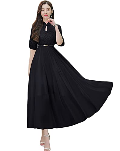 【送料無料】[Vilaria] ワンピース レディース レース ロングワンピース 五分袖 パーティードレス 立襟 ベルト付き 春 夏 お呼ばれ 二次会 着痩せ おしゃれ 裏地あり