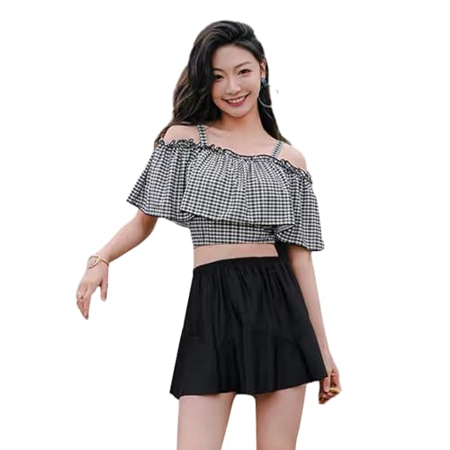 【送料無料】[Tumao] レディース オフショルダー ビキニ 2点セット 水着 ビスチェ風 チェック柄 フリル 体型カバー ショーツ かわいい Swimwear 温泉水着