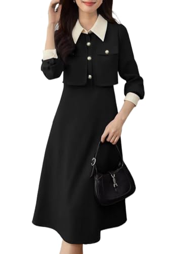 【送料無料】[Chubikime] シャツワンピース レディース ミディアム丈 ワンピース 長袖 大人 ドレス 折り襟 フェイクレイヤード Aライン きれいめ ワンピース おしゃれ カジュアル 通勤 フォーマル 秋 冬 春