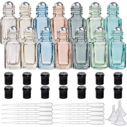 【送料無料】BENECREAT 14個3mlロールオンアロマボトル カラフルガラスボトル 注ぎツール付 アロマオイ..
