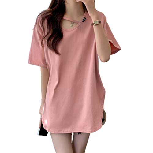 【送料無料】[7-livehouse] tシャツ レディース 半袖 トップス サイドスリット 不規則 Uネック 無地 大..