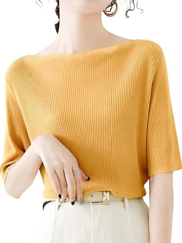 【送料無料】Bvaeocl ニット レディース ボートネック 五分袖 リブ 半袖 サマーニット カットソー トップス 柔らか 着回し力 カジュアル シンプル 通...