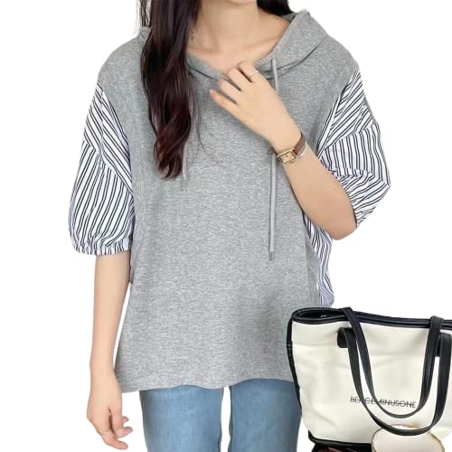 【送料無料】[xppe] 半袖 パーカー レディース トップス Vネック フード付き 切り替え ストライプ 無地..